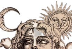 a drawing of a woman with sun and moon above her head