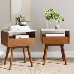 two side tables with books and plants on them