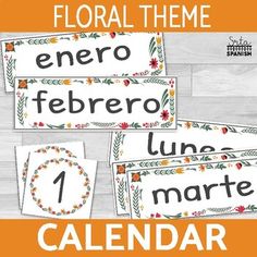 the spanish calendar is shown with flowers and leaves on it, along with other items