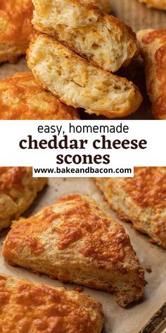 homemade cheddar cheese scones on a baking sheet with the words easy homemade cheddar cheese scones