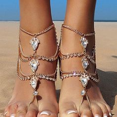 Elegant Summer Ankle Wrap Barefoot Sandals, Elegant Barefoot Sandals With Single Toe Strap For Beach, Adjustable Barefoot Sandals With Ankle Strap For Party, Elegant Gold Sandals For Festivals, Elegant Open Toe Barefoot Sandals For Beach, Summer Party Barefoot Sandals With Single Toe Strap, Elegant Summer Anklets With Ankle Strap, Elegant Gold Barefoot Sandals For Summer, Elegant Ankle Strap Anklets For Summer