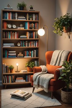 an orange chair in front of a bookshelf filled with lots of books and plants