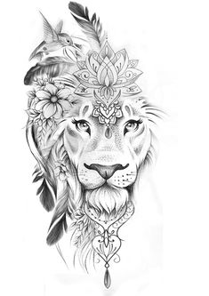 a black and white drawing of a lion with feathers on its head, surrounded by flowers