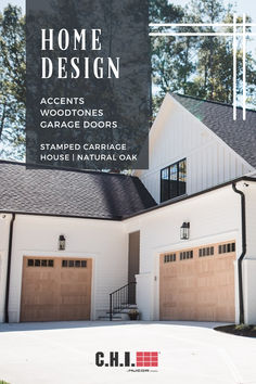 natural oak faux wood garage doors on white and black modern farmhouse with top row of windows Garage Doors Farmhouse, Wayne Dalton Garage Doors, Black Garage Door, Garage Door House, Wood Garage