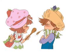 two children are eating from spoons with straw hats on their heads and one child is holding a spoon