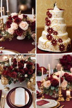 wedding cake with flowers and candles on the table