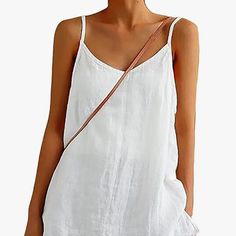 Casual White V Neck Spaghetti Strap Cami 55% Linen 45% Cotton White Size Large Casual Vacation Camisole With Adjustable Straps, Casual Beach Camisole With Straps, Casual Beach Camisole, Casual Beach Camisole With Adjustable Straps, White Camisole With Adjustable Straps For Vacation, Plain Cotton Camisole For Beach, Solid Cotton Camisole For Beach, Solid Cotton Camisole For The Beach, Casual Solid Color Summer Camisole