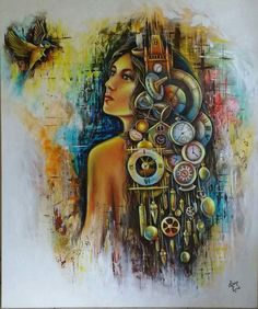 a painting of a woman's face with clocks and birds flying around her head