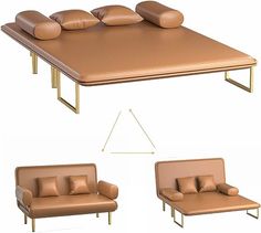 a couch, chair and table are shown in three different positions with pillows on them