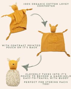 the instructions for how to make an animal shaped baby blanket and bib from organic cotton lovey or comforter