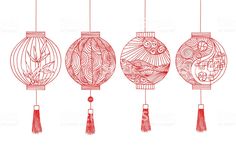 four chinese lanterns hanging from strings with red ink on white background royalty - art illustration