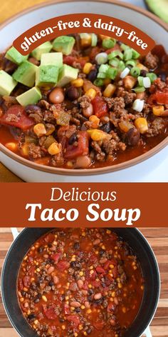 a bowl of taco soup with avocado, tomatoes and other toppings