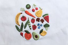 a close up of a piece of cloth with fruits and vegetables on it, embroidered onto the fabric