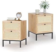 two wooden nightstands with one drawer open and the other closed, both side - by - side