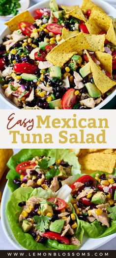 mexican tuna salad with lettuce, tomatoes, black beans and corn