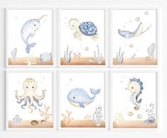 four pictures of sea animals in different colors and sizes, each with an ocean theme