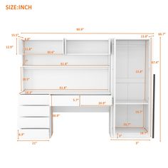 the measurements for an office desk with drawers and shelves in white, shown from front to back