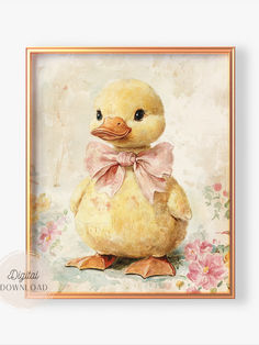 a painting of a duck wearing a pink bow