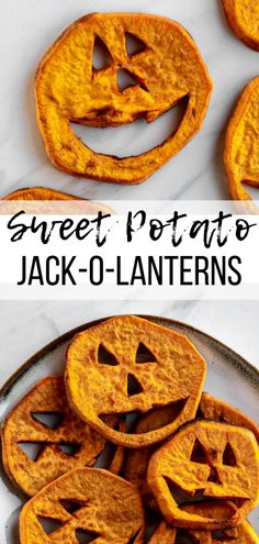 sweet potato jack - o - lantern cookies on a plate with the words sweet potato jack - o'lanterns