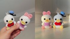 there are three crocheted stuffed animals in different poses