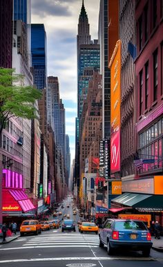 a city street filled with lots of tall buildings and cars driving down the middle of it