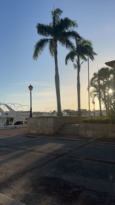 the sun is setting behind some palm trees and boats on the water in the background