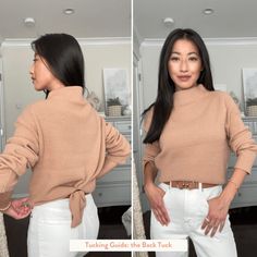 How to tuck a chunky knit sweater Loose Sweater Hacks, Too Long Sweater Hack, How To Tuck A Sweater Into Jeans, Boxy Sweater Outfit, How To Tuck In A Sweater, Tuck A Sweater, Bulky Sweaters, Extra Petite