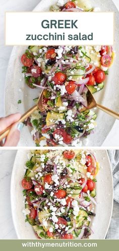 greek zucchini salad with tomatoes, onions and feta cheese in a white bowl