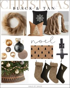 a collage of christmas decorations, stockings and other items in black and tan colors