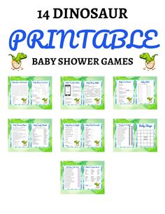 the dinosaur baby shower game is shown in blue and green