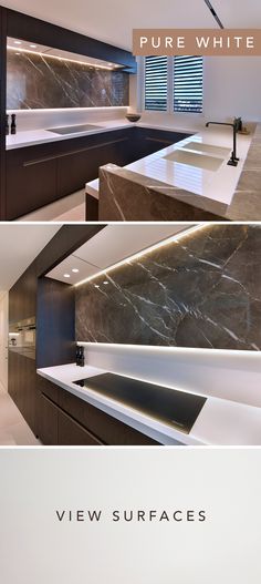 three different views of a modern kitchen with marble counter tops and white walls, along with the words view surfaces