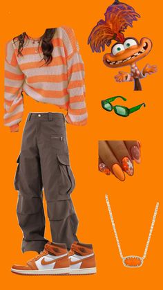 an orange and white sweater, brown cargo pants, green sunglasses and some cartoon character stickers