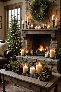 a living room decorated for christmas with candles and pine cones on the coffee table in front of the fireplace