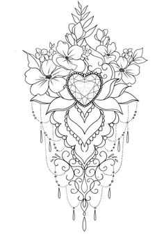 a black and white drawing of flowers in the shape of a heart on a white background