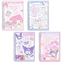 three notebooks with hello kitty designs on them