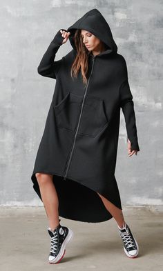 Warm and cozy head turner, with front two way zipper. Absolute outerwear perfection with soft outline and original shape. Featuring long sleeves finish with openings for the thumbs, turning them into semi gloves. Turtle Neck Fits, Asymmetric Hoodie, Long Hooded Sweatshirt, Maxi Design, Womens Hoodies, Hooded Dress, Zipper Hoodie, Long Hoodie, One Piece Swimwear