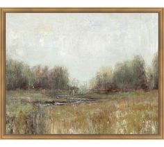 an oil painting on canvas of a field with trees in the distance and water running through it