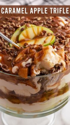 caramel apple cheesecake trifle in a glass dish