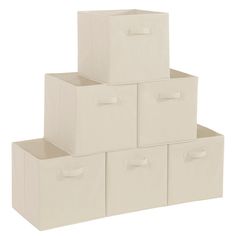 six white storage bins stacked on top of each other