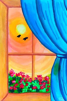 a painting of a window with blue curtains and red flowers in front of the sun