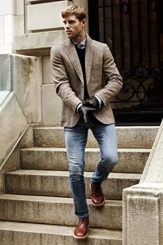 Casual Gentleman Style Outfits, British Outfit Men, Tan Blazer Outfits Mens, Ivy League Outfits, Tweed Jacket Outfit Mens, Tweed Blazer Men, Wool Blazer Mens, Casual Mens Fashion