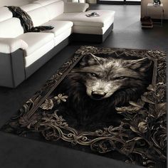 a living room area rug with a wolf on the floor and an ornate frame around it