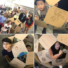 four pictures of children holding up cardboard boxes with drawings on them and smiling at the camera