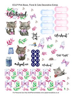 an image of stickers with cats and flowers on them, including watercolors