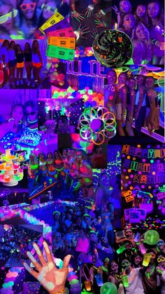 a collage of images with neon colors and people in the background holding up their hands