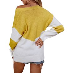 Yellow Contrast V Neck Knit Pullover Sweater Winter Color Block V-neck Top, Winter V-neck Color Block Tops, Oversized Long Sleeve Yellow Sweater, V-neck Knit Sweater With Color Block, Knit V-neck Sweater With Color Block Design, Knit V-neck Sweater With Color Block, Yellow Knit Sweater For Fall, Yellow Knit V-neck Sweater, Fall Yellow Knit Top