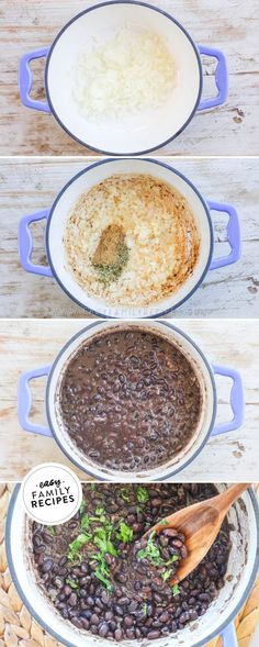 three pictures showing different types of beans and rice