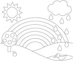 a coloring page with a rainbow and rain