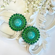 Beadwork Handmade Bohemian Green Crystal Earrings, Bohemian Green Handmade Crystal Earrings, Green Beaded Crystal Earrings, Handmade Green Round Clip-on Earrings, Green Beaded Earrings With Large Beads For Gift, Handmade Green Beaded Earrings For Party, Green Czech Glass Beaded Earrings, Green Beaded Earrings With Czech Glass, Adjustable Green Beaded Earrings