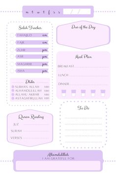 a pink and purple menu with the words, date sheets, and other items on it